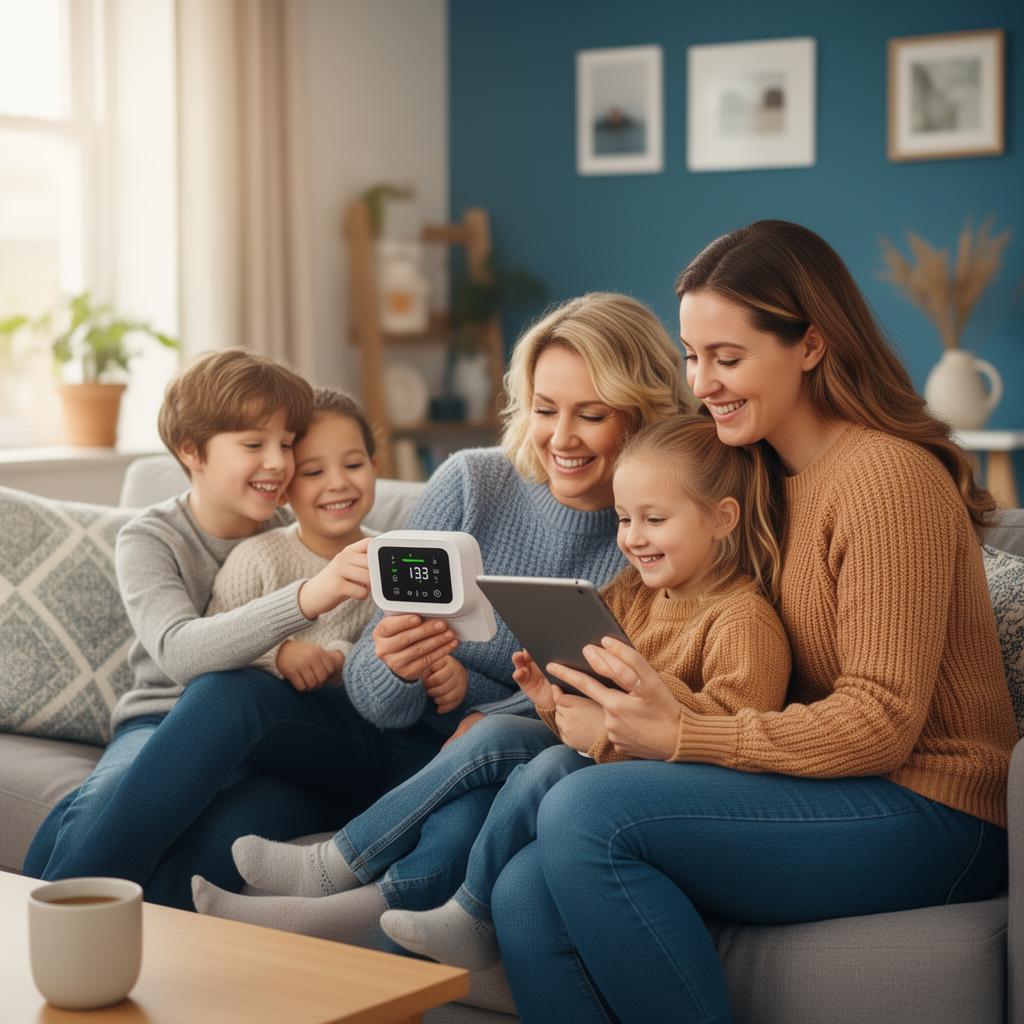 A UK family checking their smart energy meter and bills together at home